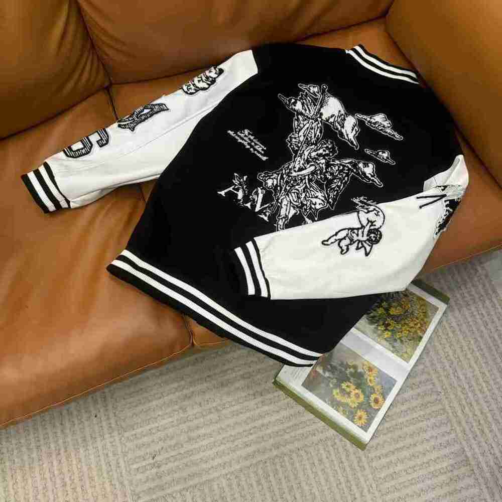 AMIRI Angel Patch Black White Varsity Jacket Leather Sleeve Coat